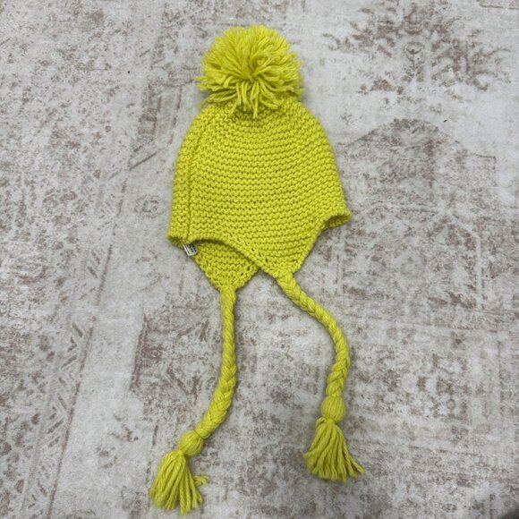 Urban Outfitters Hat Beanie Fitted Womens One Size Yellow Knit Pom Pom Ear Flap - Picture 4 of 7